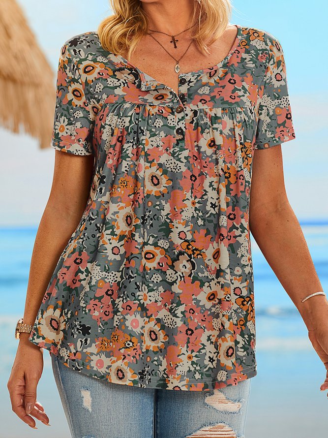 Holiday gradient flower half open button loose pleated top T-shirt Plus Size tunic