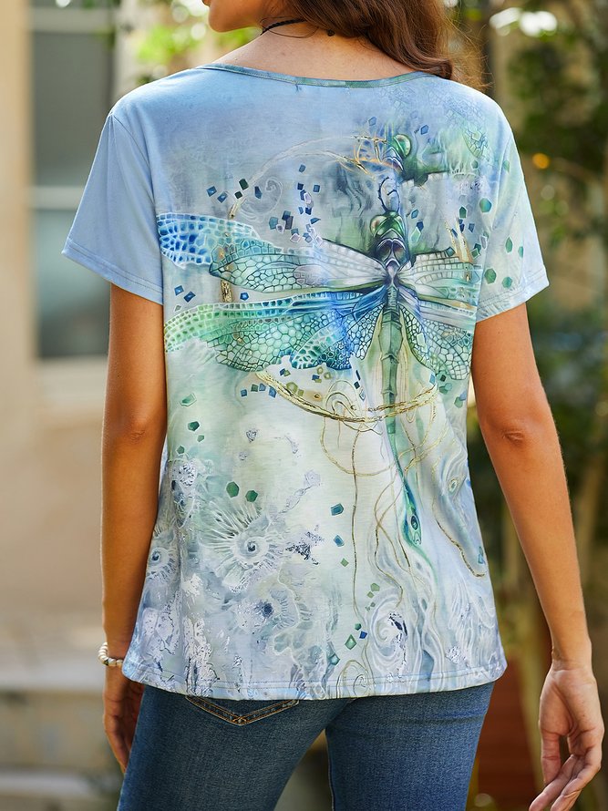 Casual Dragonfly Print Short Sleeve Loose Knit T-Shirt