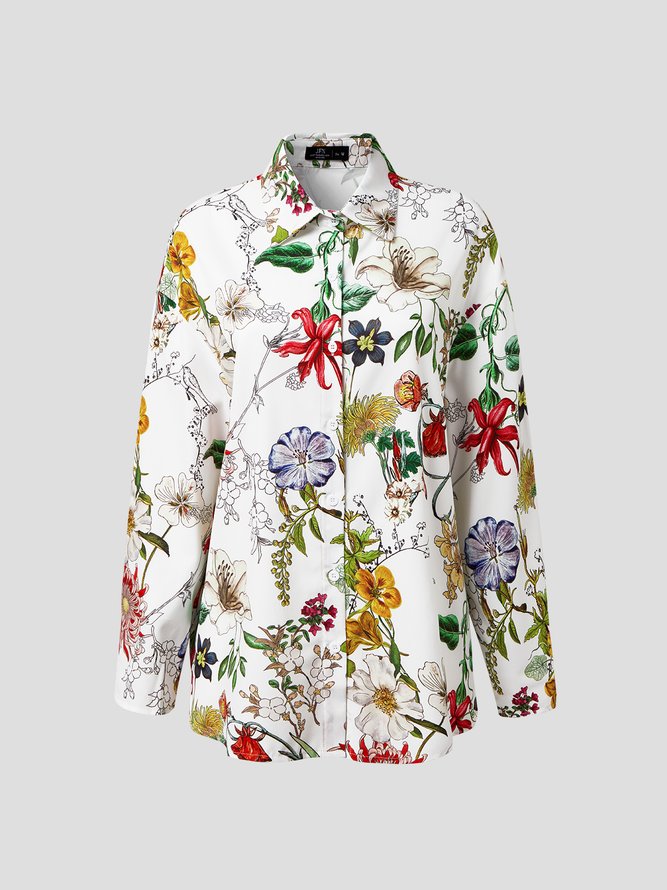 Floral Cotton Blends Shirt Collar Blouse