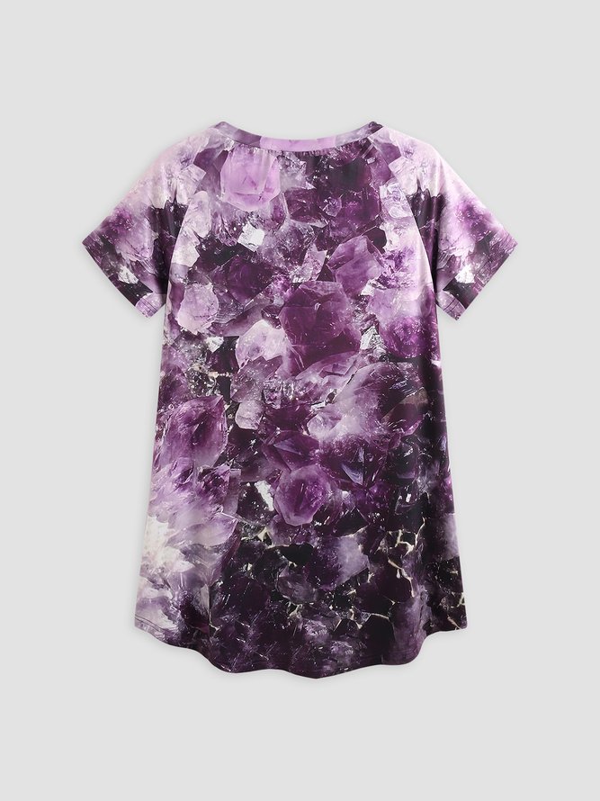 Loose casual holiday purple crystal good luck printed top T-shirt