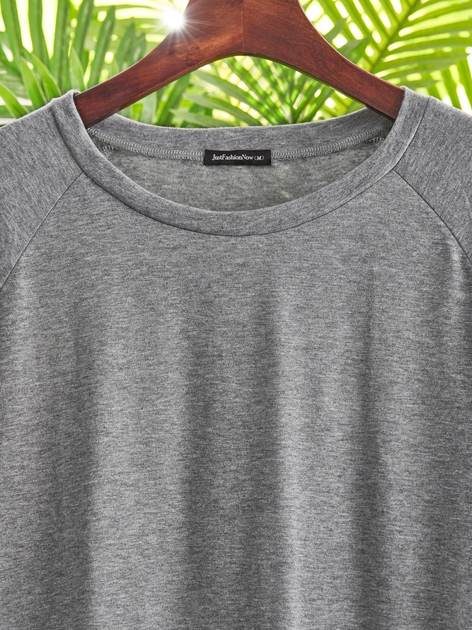 Gray Cotton Casual Crew Neck Solid T-shirt