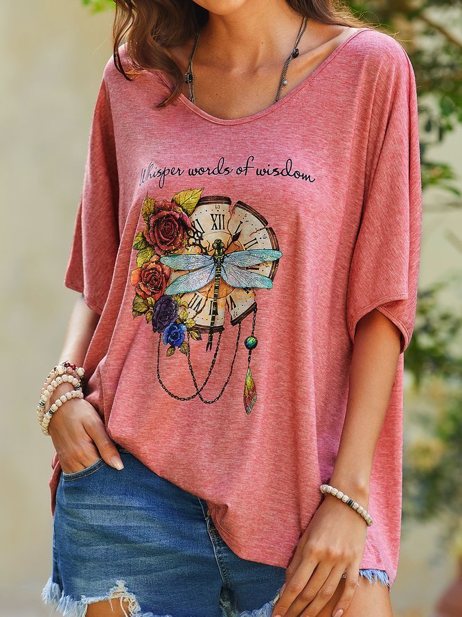 Oversized Whisper Words Of Wisdom Print Dragonfly And Flowers Graphic Tees