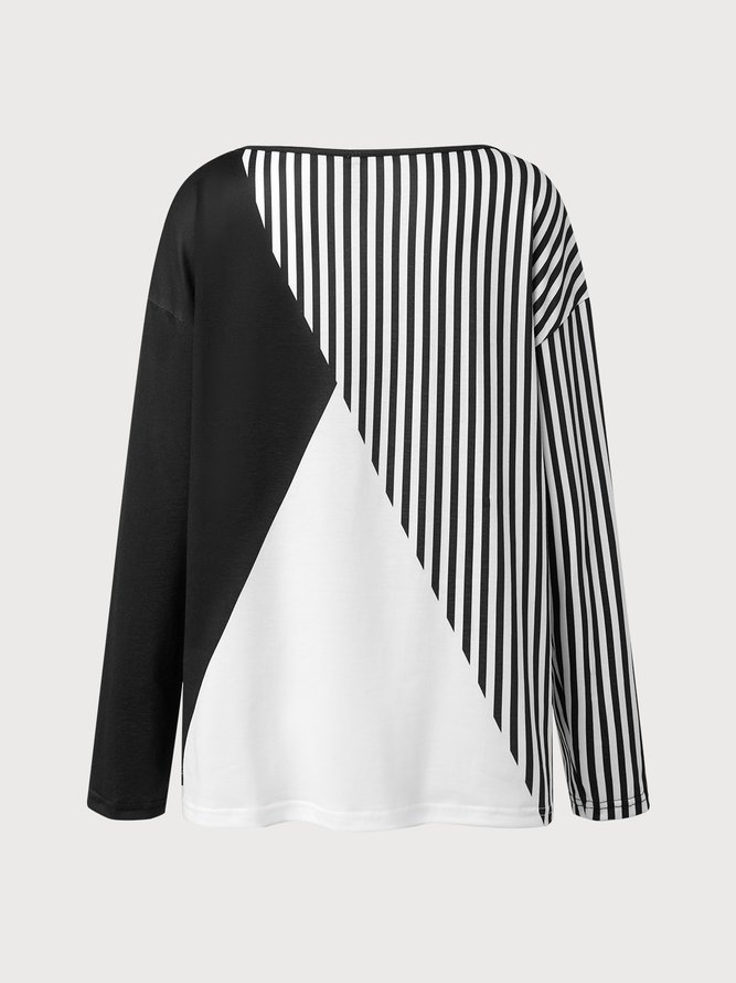 Plain color block stripe loose button top T-shirt plus size