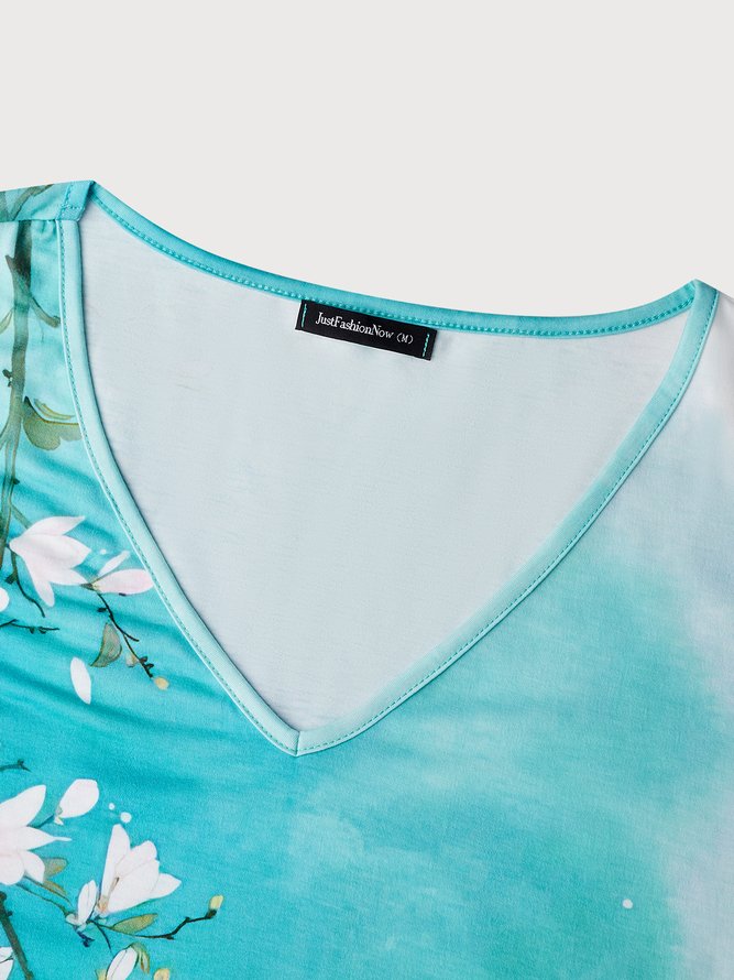 Ombre V Neck Floral Casual T-Shirt