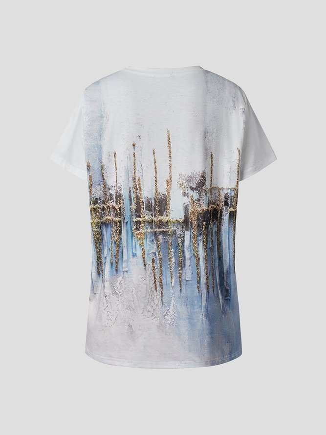 Casual Abstract Painting Design Short-sleeved Knitted T-shirt