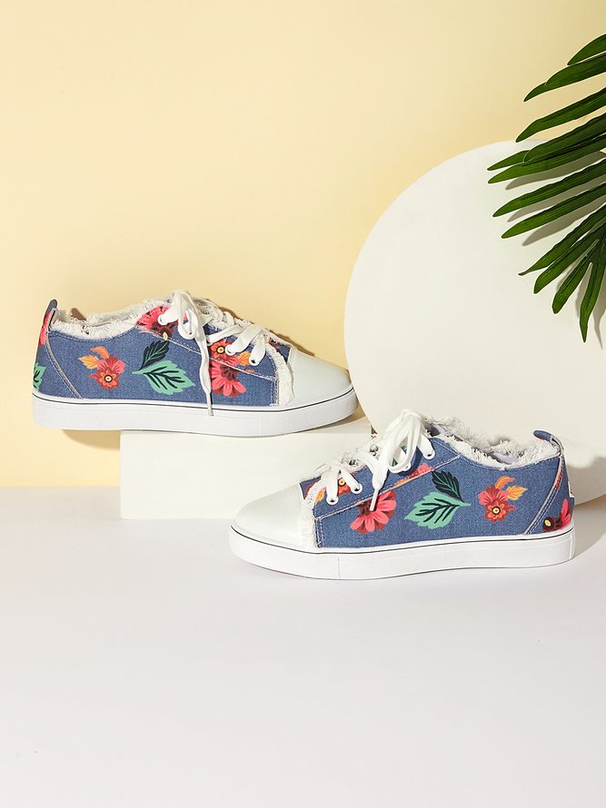 Floral Leaves Lace Up Sneakers Denim Sneakers