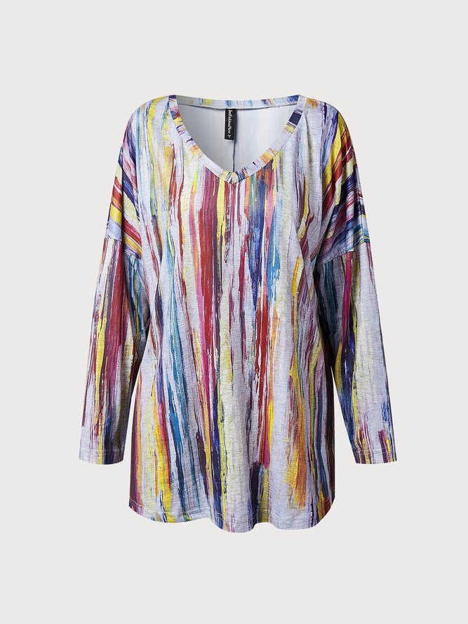 Casual Ombre Autumn Polyester V neck Micro-Elasticity Daily Loose Regular Size T-shirt for Women