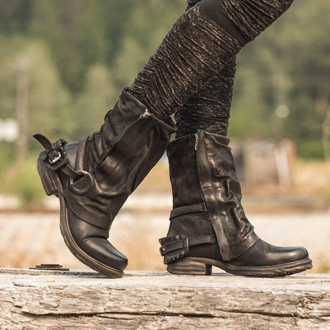 Women Vintage Zipper Boots Casual Buckle Strap Boots anniecloth