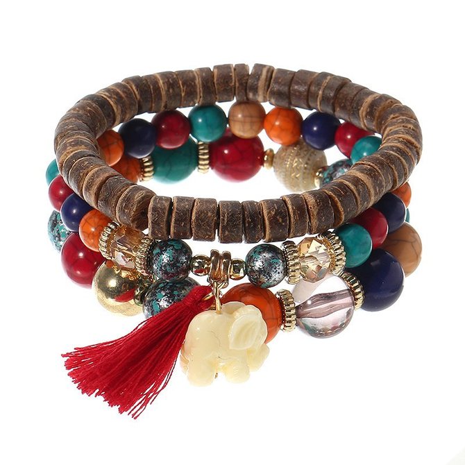 3 Pcs/set Bohemian Multilayer Beads Bracelet Wood Elastic Bracelet with