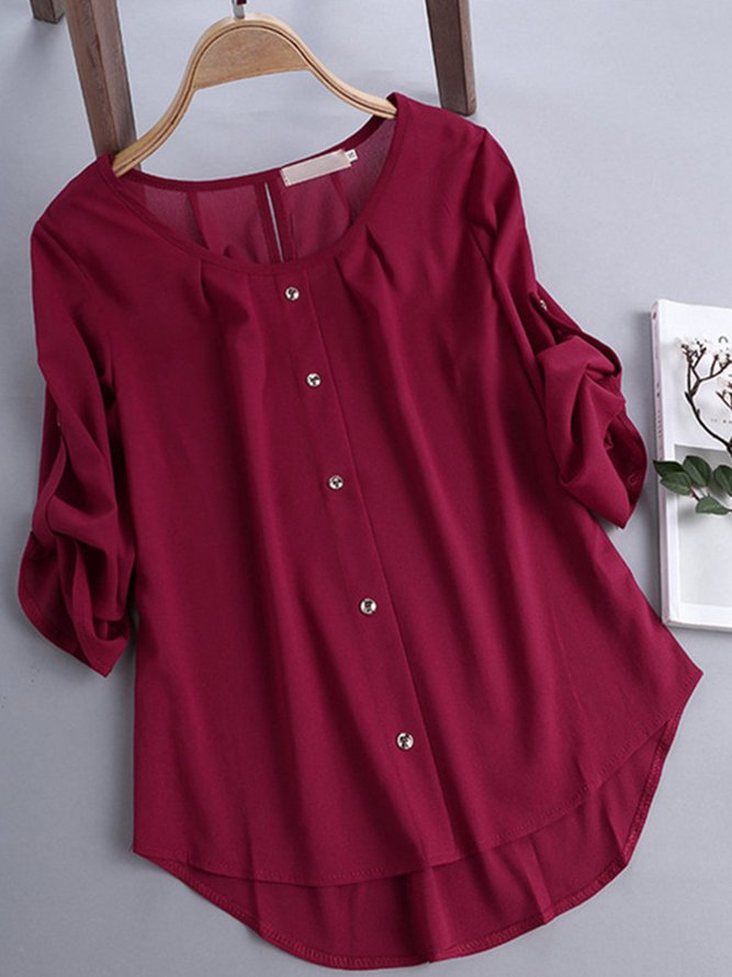 3 4 Sleeve Solid Casual Crew Neck Women Blouse