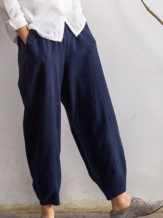 Casual Linen Solid Pockets Elastic Band Pants