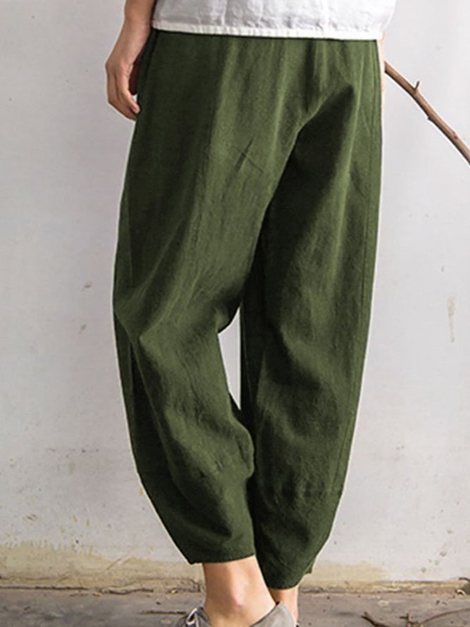 Casual Linen Solid Pockets Elastic Band Pants