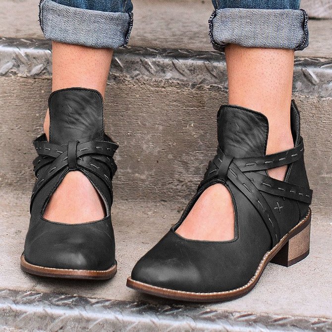 Daily Artificial Leather Low Heel Boots Hollow up Vintage Booties