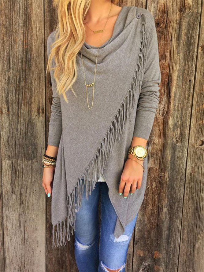 Knitted Long Sleeve Asymmetrical Fringed Solid Sweater