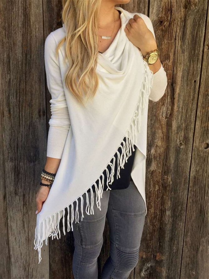 Knitted Long Sleeve Asymmetrical Fringed Solid Sweater