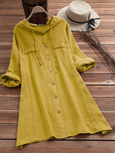 Woman Solid Color Drawstring Hooded Long Sleeve Linen Weaving Dress
