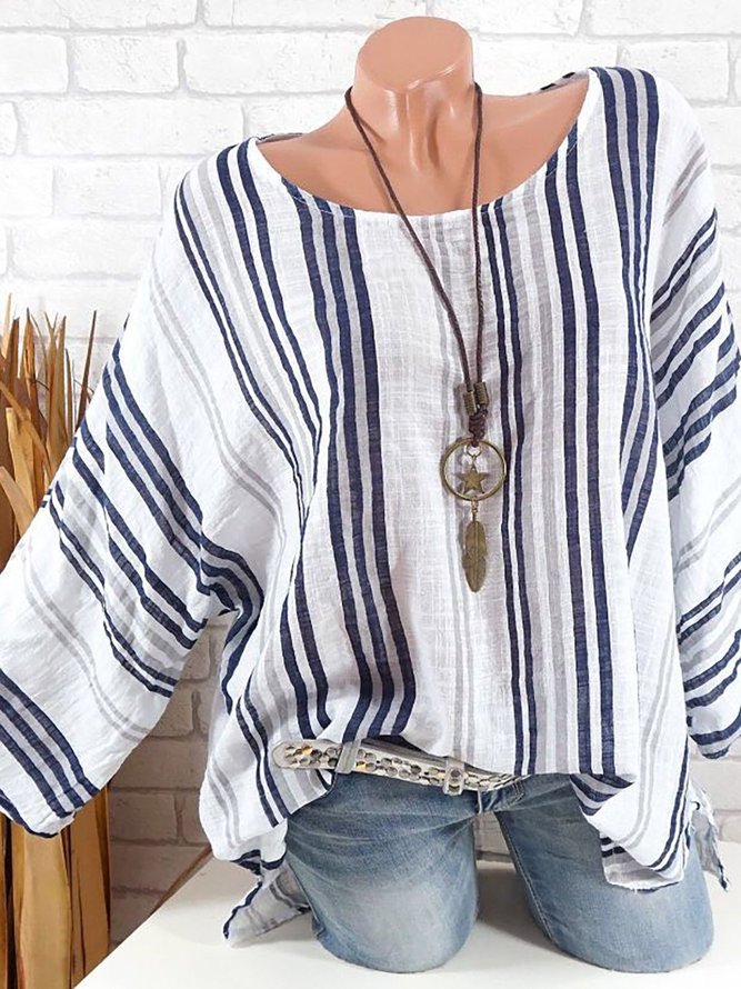 Women Causal Striped 3 4 Sleeve Tops Crew Neck Casual Color-Block Blouse