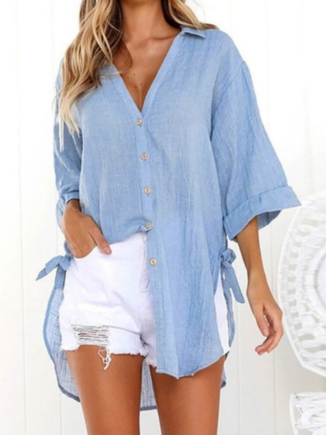 Linen Solid Lace-up Sweet Buttoned Casual Tops