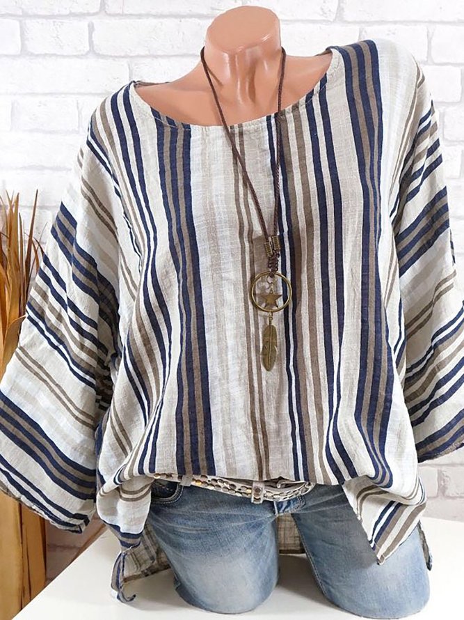 Women Causal Striped 3 4 Sleeve Tops Crew Neck Casual Color-Block Blouse