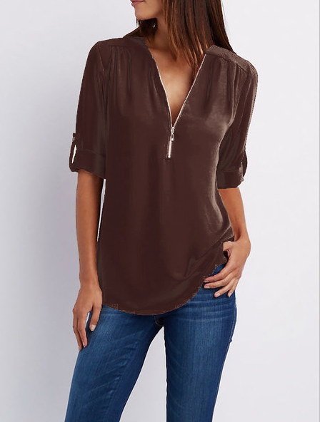Chiffon Half Sleeve Zipper Solid V neck High Low Blouses & Shirt Tunics