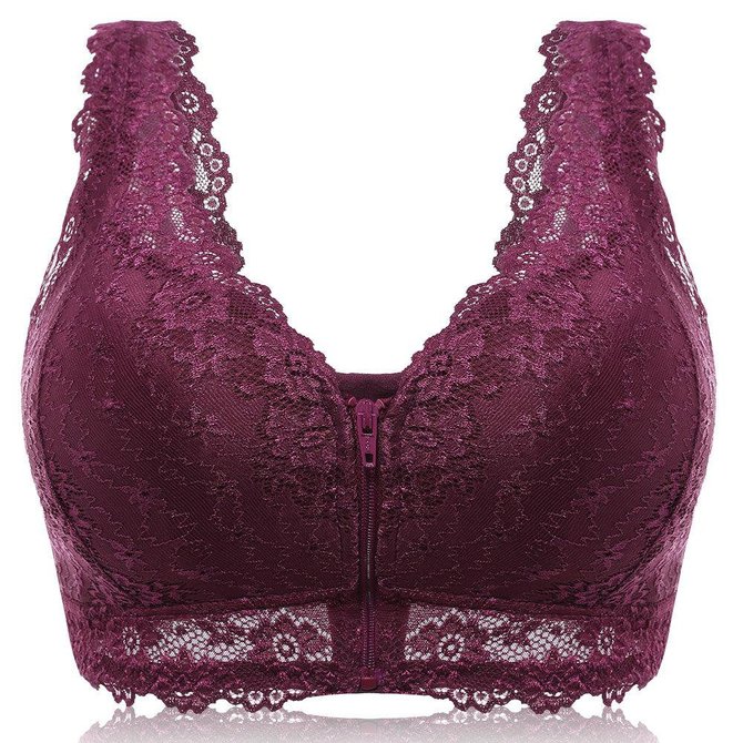 Front Zipper Soft Cotton Lining Gather Sexy Lace Wireless Bras
