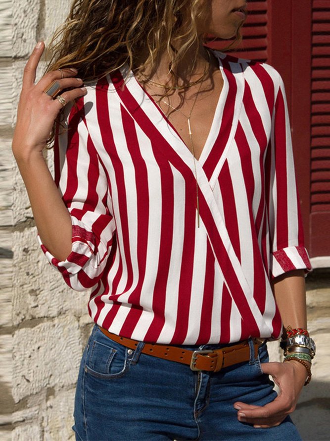 Striped V Neck Casual Top - Blouses