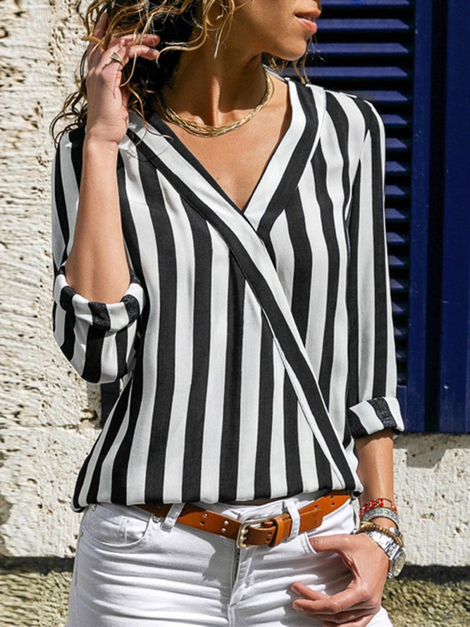 Striped V Neck Casual Top - Blouses