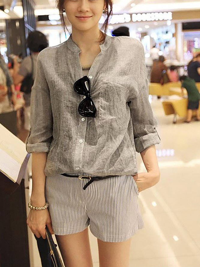 Women Causal Long Sleeve Solid Stand Collar Cotton Blouses Tunics