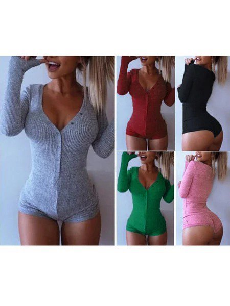 Pinktita Women's Clothing For Women Pink Gray Blue Green Black Wine Red Knitted Outfits V-Neck One Piece Bodysuit Bodycon Rompers Overall