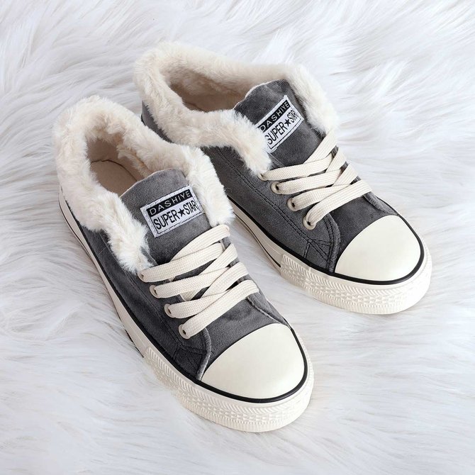 Women Platform Warm Canvas Sneakers Lace-up Suede Winter Sandals
