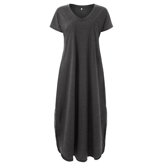 Women Pockets Slit V Neck A-line Casual Maxi Dress