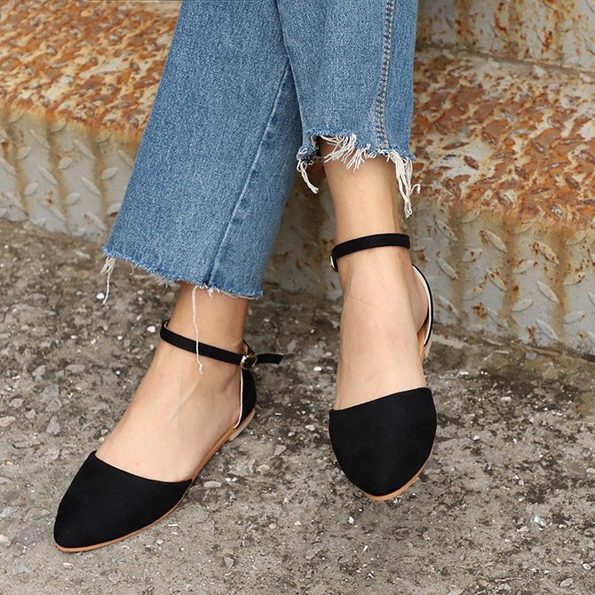 Comfy Pointed Toe Ankle Strap Flats | anniecloth
