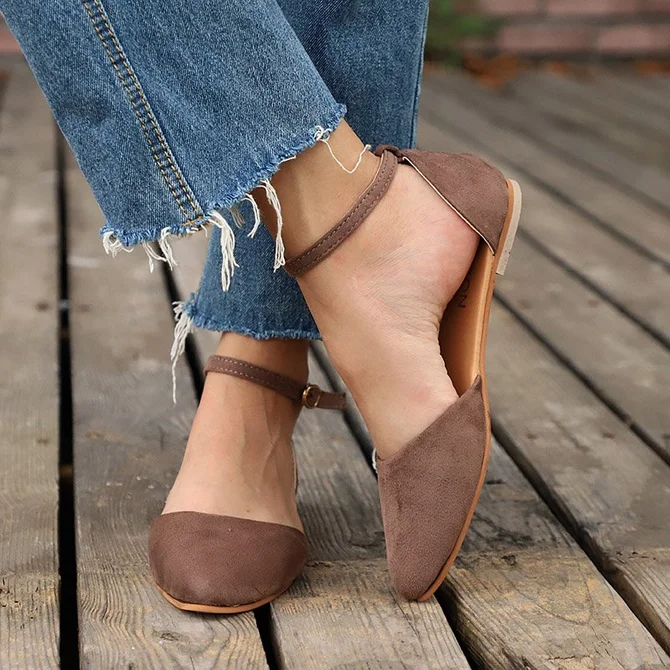 Comfy Pointed Toe Ankle Strap Flats | anniecloth