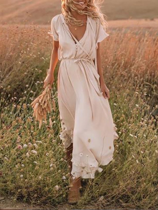beige frill sleeve women summer maxi dress