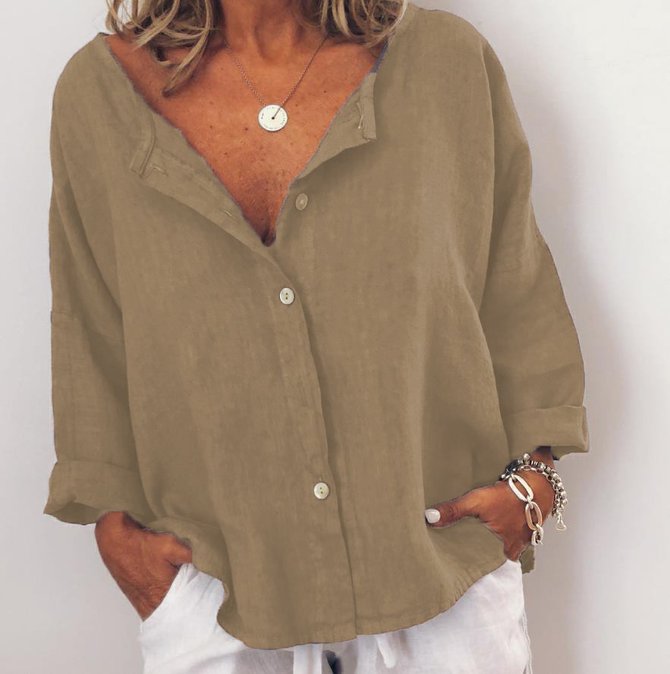 Casual Solid V Neck  Long Sleeve Buttoned Top