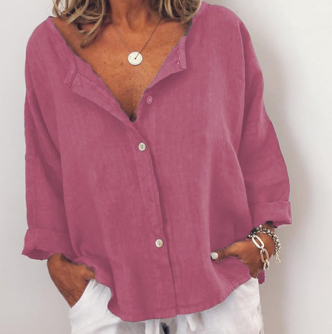 Casual Solid V Neck  Long Sleeve Buttoned Top