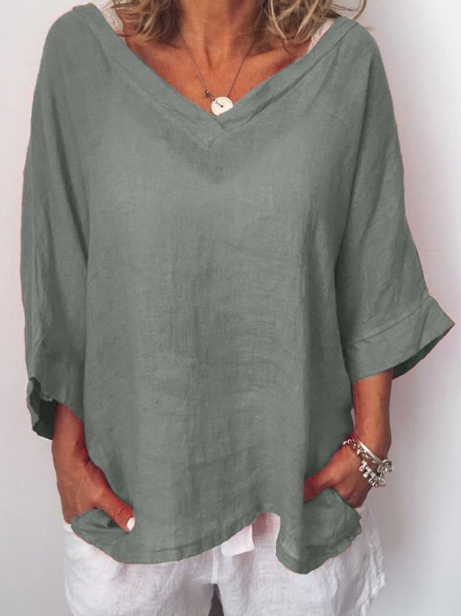 Plus Size Casual Solid V Neck 3/4 Sleeve Tops