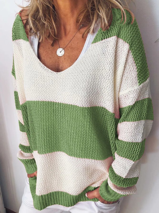 Spring/Fall Hollow-carved Striped V Neck Chic Sweaters