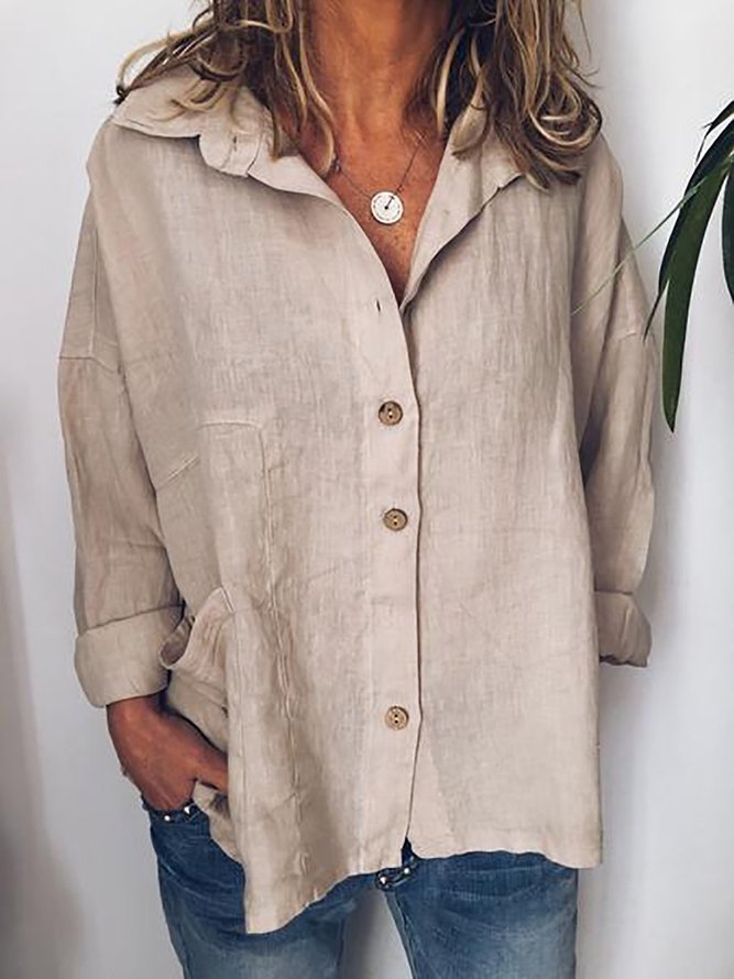 Beige Shirt Collar Cotton Solid Casual Blouses