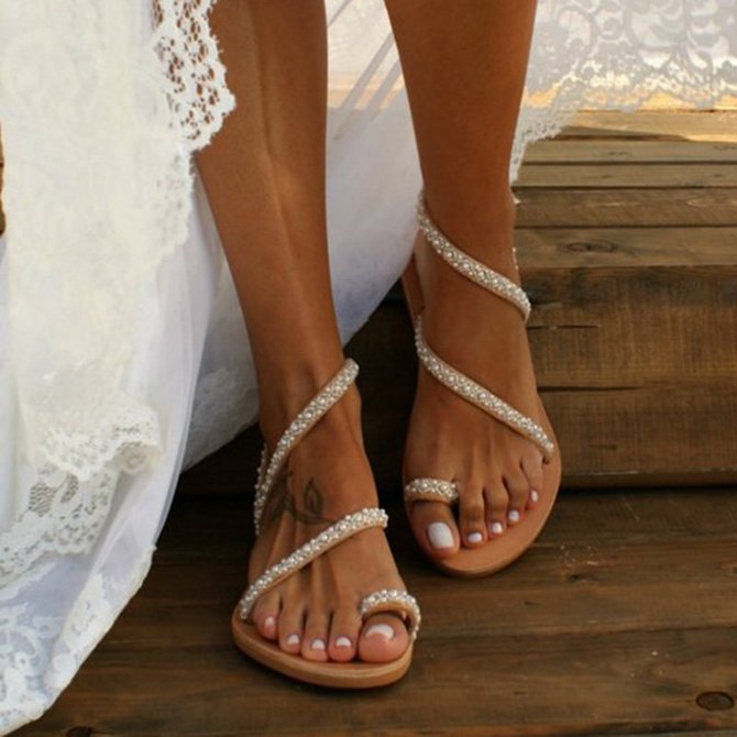 Women Boho Handmade Pearl Beach Sandals 