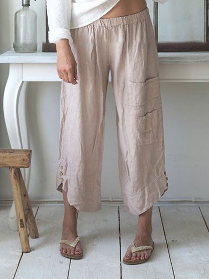 Summer Pockets Buttoned Elastic Waist Stylish Casual Capri Pants