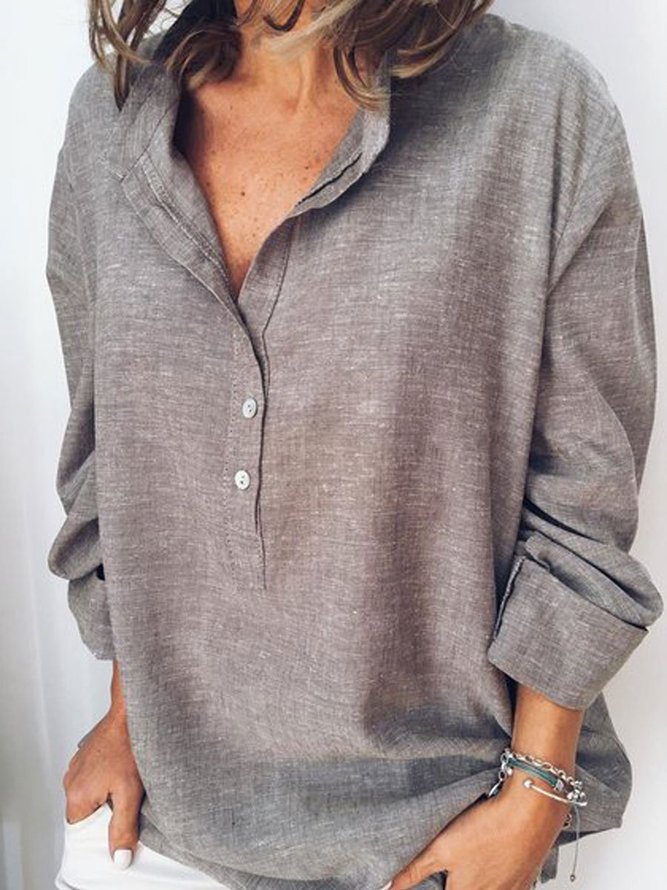Solid Shirt Collar Casual Long Sleeve Blouse