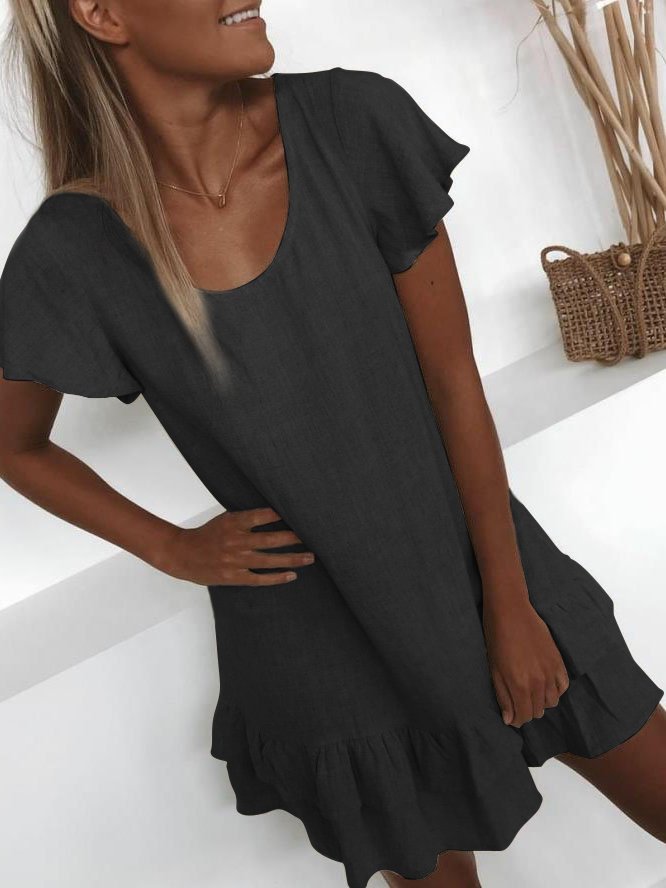 Plus Size Casual U-Neck Solid Short Sleeve Mini Weaving Dress