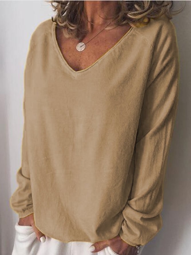 Cotton-Blend Long Sleeve V Neck T-shirt