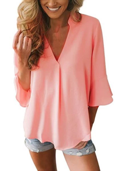 Women Casual V Neck Solid Business Blouse