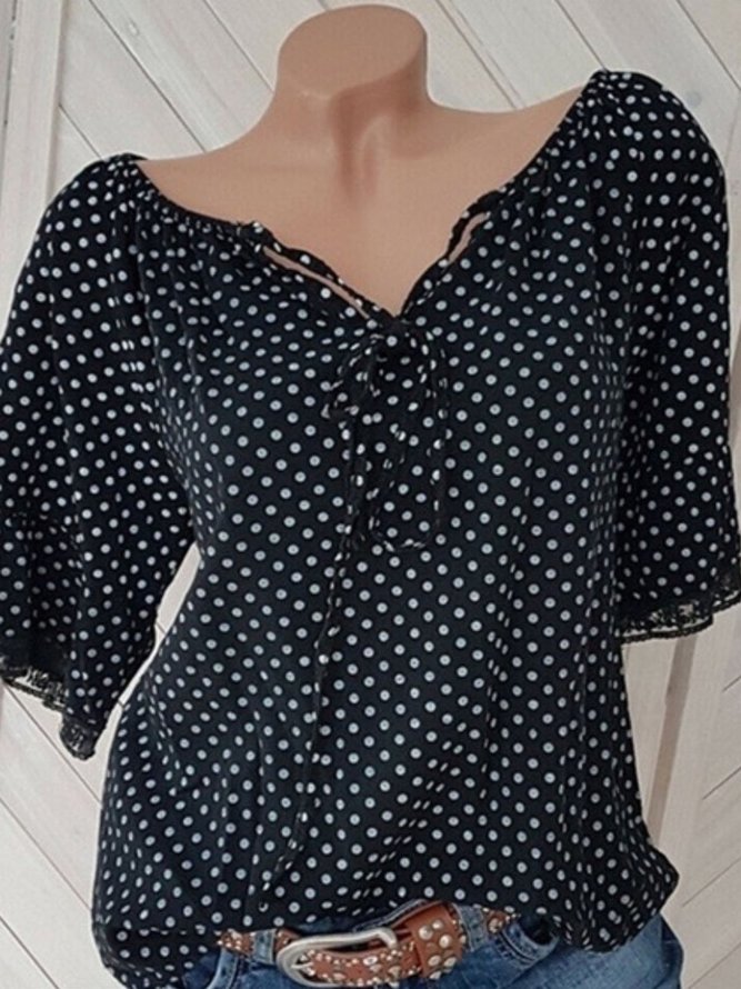 Size S-5XL Women Blouses Polka Dots Half Sleeves V-Neck Sweet Blouse