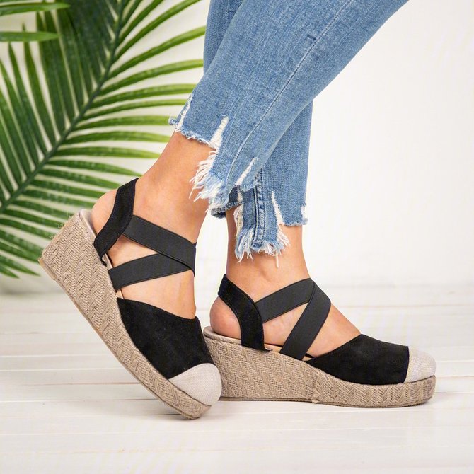 Plus Size Espadrille Wedge Sandals Elastic Band Slip On Sandals