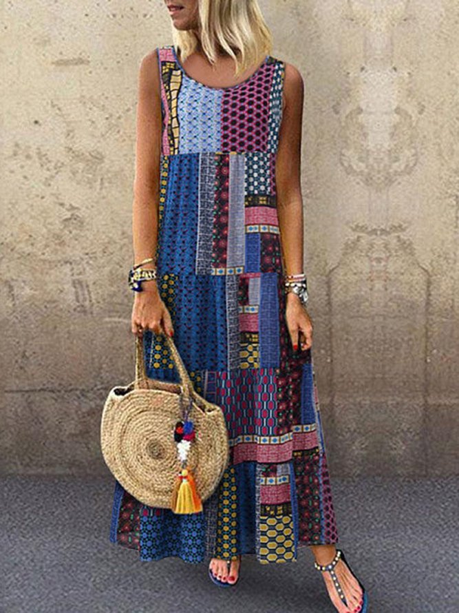Crew Neck Women Dresses Shift Daytime Printed Patchwork Maxi Dress
