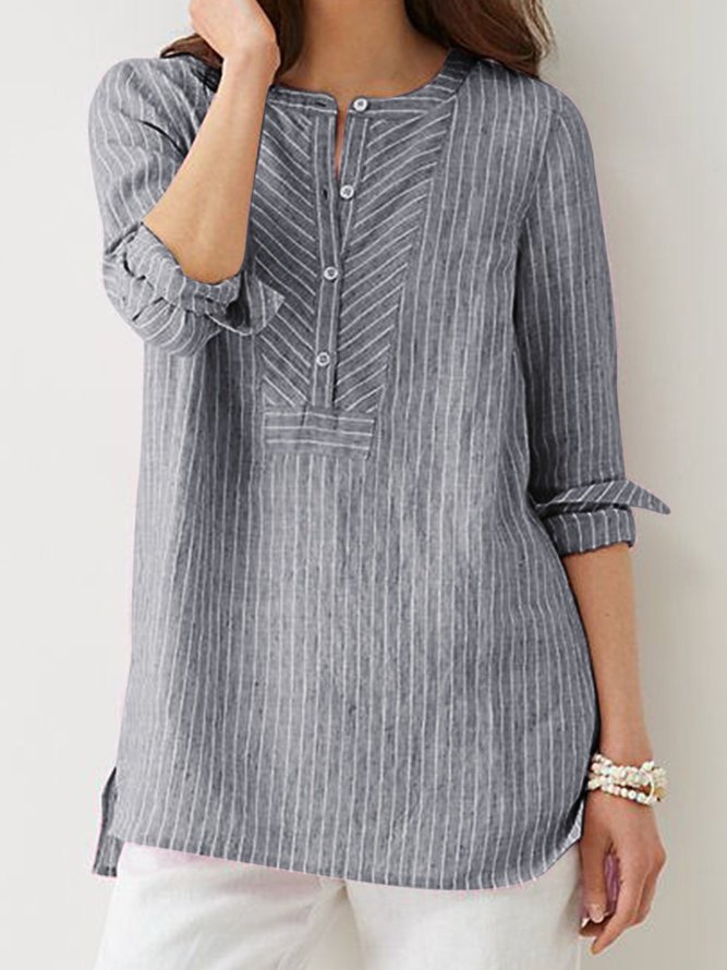 Women Striped Blouses Buttoned Stand Collar Slit Side Casual Shirts Tunics