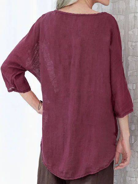 Summer Tops 3/4 Batwing Sleeves Round Neck Solid Blouses Tunics